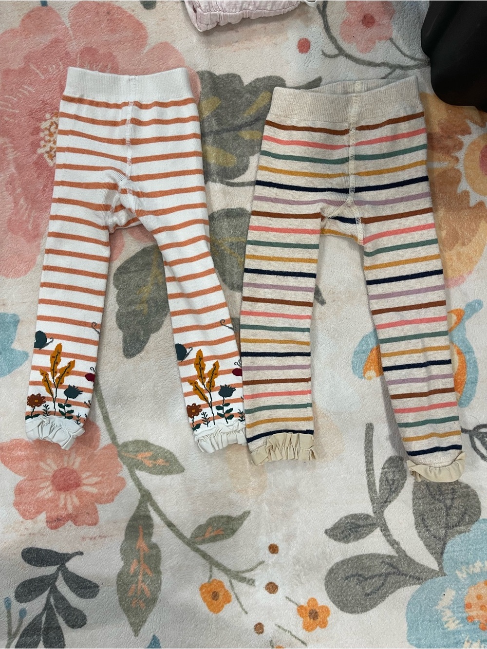 Ruffle Butts Cream Striped Floral Ruffle Hem Leggings